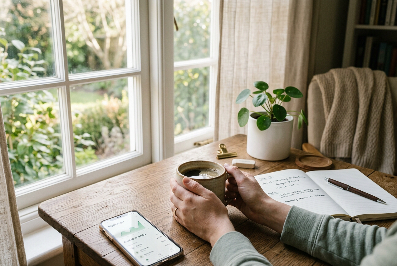 Lugn morgon med kaffe och budgetplanering